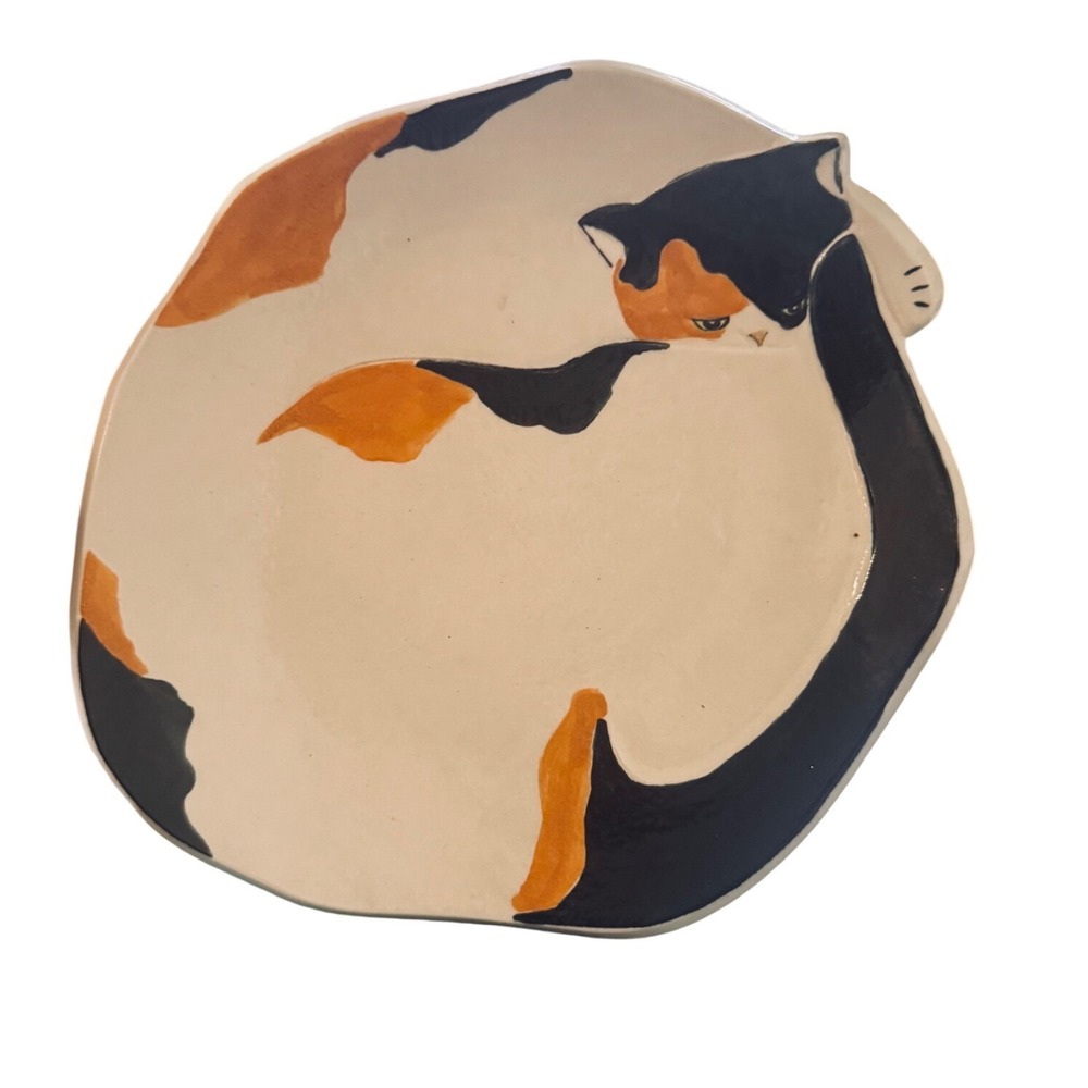 Vintage 1988 Donna‎ Getsinger Studio Pottery Calico Cat Plate Signed Handmade 9"